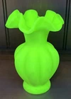 Vintage 5” Fenton Green Custard Glass Vase Ruffled Rim Vaseline Glass Glows