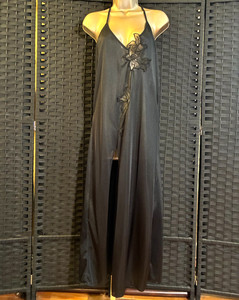 Vintage BLACK NYLON NIGHTGOWN Medium SHEER Cutout Leg Slit Vixen VAMP Gown USA