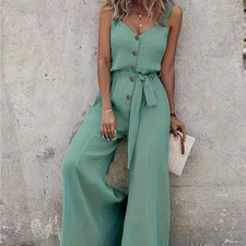 Women's Solid Color Buttons Drawstring Wide Leg Loose Jumpsuit