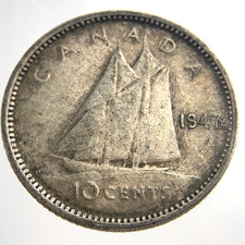 1947 Maple Leaf Canada 10 Cents Dime Circulated Coin Silver X977