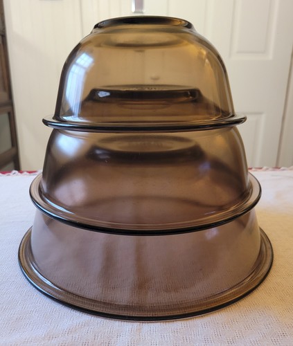 HEAVILY USED! ~ 3 PYREX Plain Brown GLASS NESTING Mixing BOWLS ~ 325 / 323 / 322