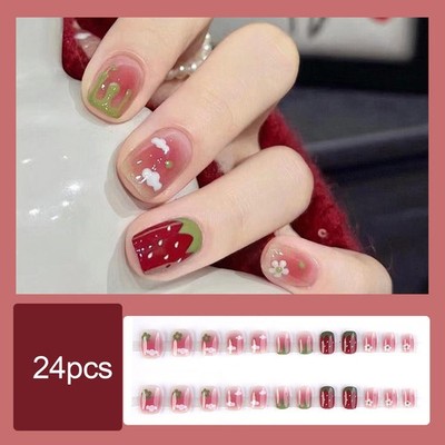 Strawberry Cute Press On Nail,Pink Red Blush Squoval Fake Nails w/ Flower Printe