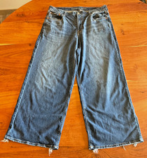 American Eagle Women High Rise Baggy Wide Leg Jeans Sz 14 Reg Distressed Raw Hem