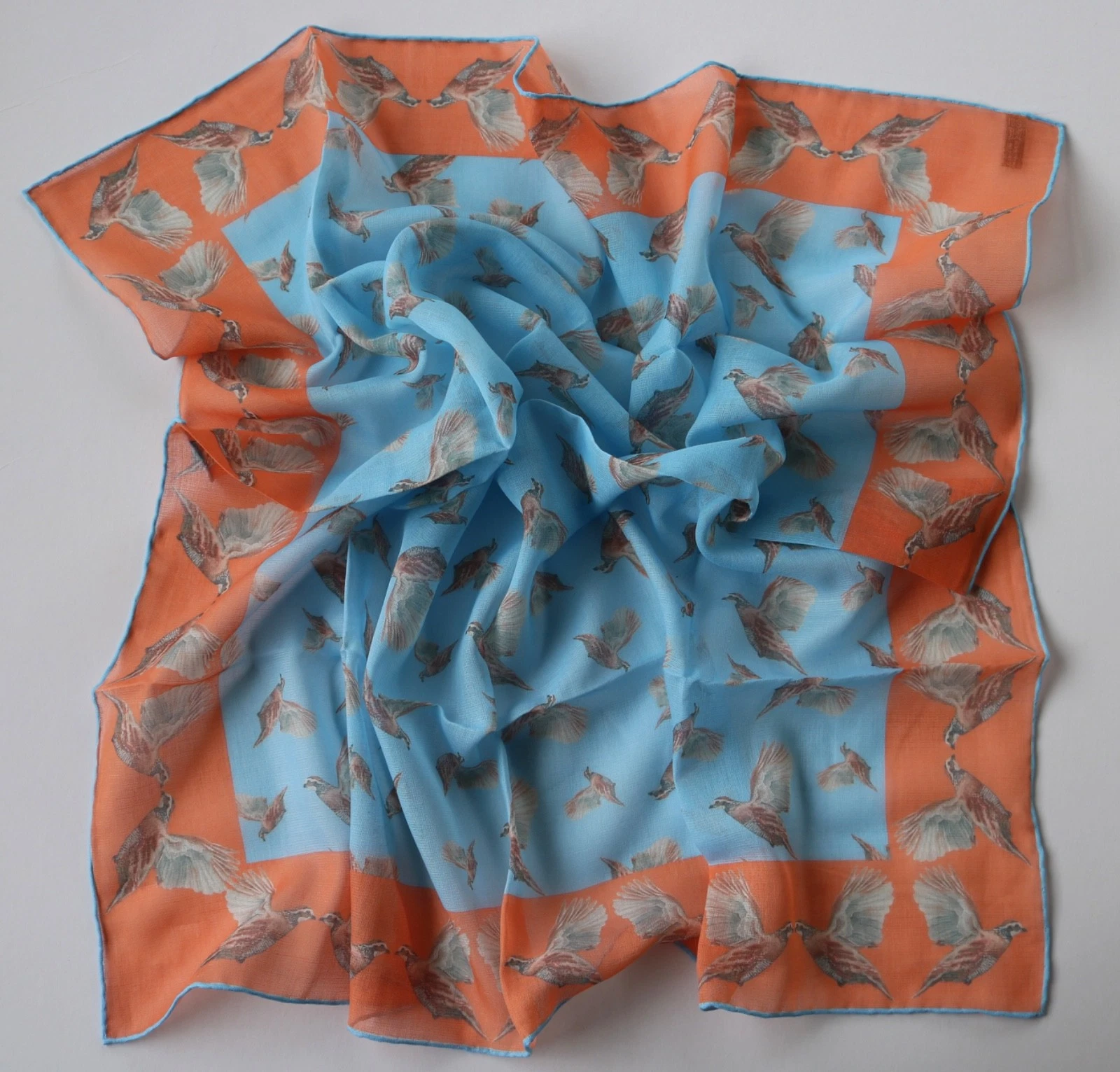 Cotton / cashmere neckerchief. Birds Outdoors 26"square. Hand rolled.
Opens in a new window or tab