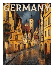 Charming German Street Scene Poster Wall Art Premium Quality