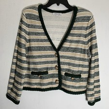 Veronica - Beard Striped Linen Cotton Cardigan Sweater Gold Button - Size M