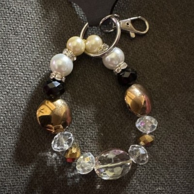Beaded Bracelet Gold Black White. Stretchy to Hold Keys. TRENDING!  Handmade!