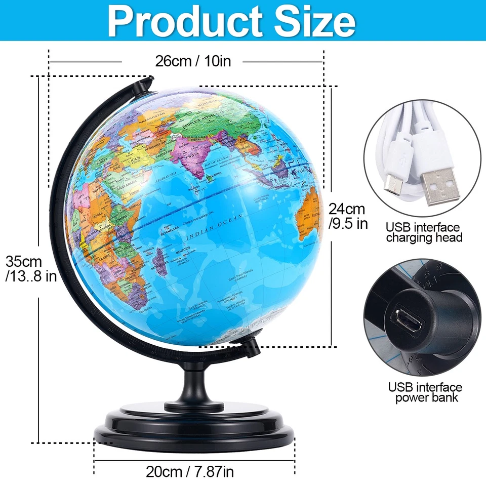 Globo terráqueo 3D AR grande 10" con soporte océano giratorio mapa mundial geografía para regalo Foto 4 de 4