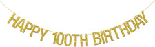 Happy 100th Birthday Banner - Gold Glitter 100th Sign Letters Hang Bunting - 100
