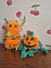 PAIR Halloween Ty Beanie Bellies Trickster the Pumpkin, Pumpkin Pumkin With Tags