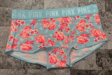 NWT VICTORIA'S SECRET PINK M BLUE CORAL FLORAL THICK LOGO BAND BOYSHORT PANTIES