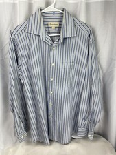 Tommy Bahama Men's Gray  Blue Striped Long Sleeve Dress Shirt Size 16 34-35