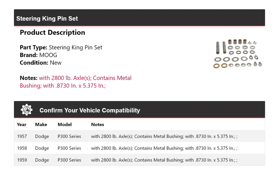 Juego de pasadores de dirección King serie Dodge P300 1957-1959 MOOG 1957 1958 1959 Foto 2 de 4