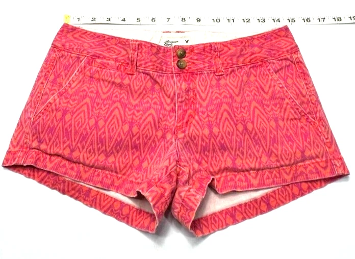 Pantalones Cortos American Eagle Para Mujer (2) Entrepierna 2" Naranja y Fucsia Azteca Shortie Denim Foto 4 de 4