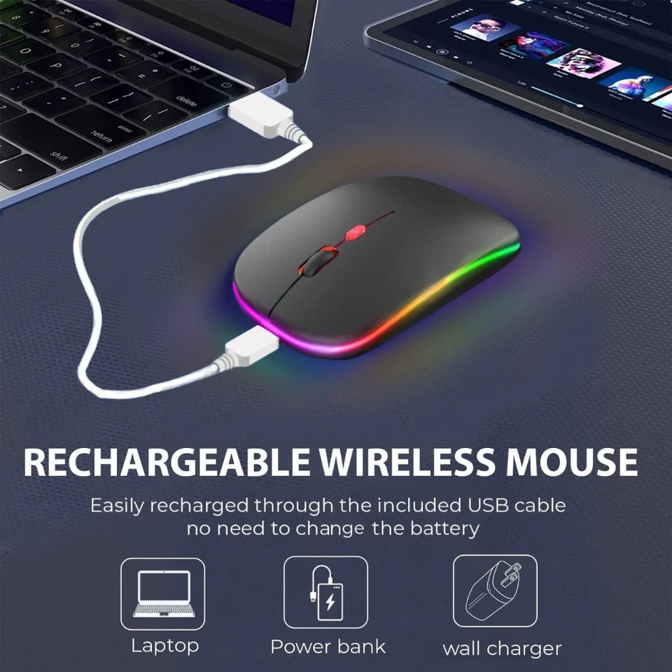 RGB LED Wireless Mouse Rechargeable Bluetooth Silent Mice USB For PC Laptop UK - Image 4 of 4