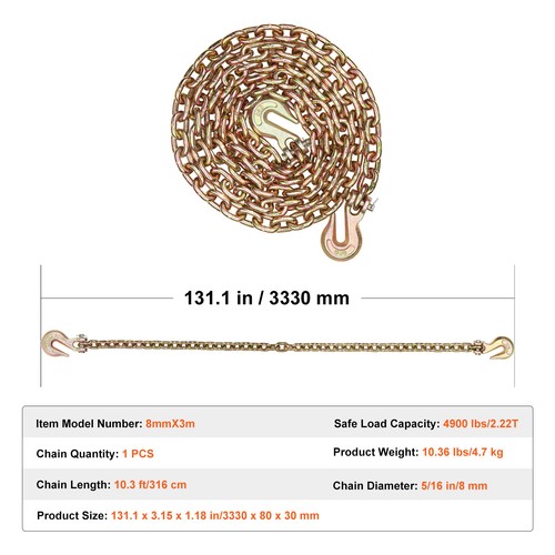 VEVOR G80 Catena da traino con 2 ganci 8 mm x 316 cm 2,22 tonnellate - Imagen 7 de 12