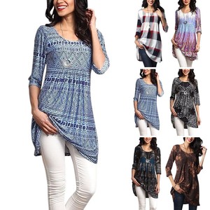 Women-Long-Shirts-3-4-Sleeve-Casual-Tops-Printing-Blouse-Loose-T-Shirt-Plus-Size