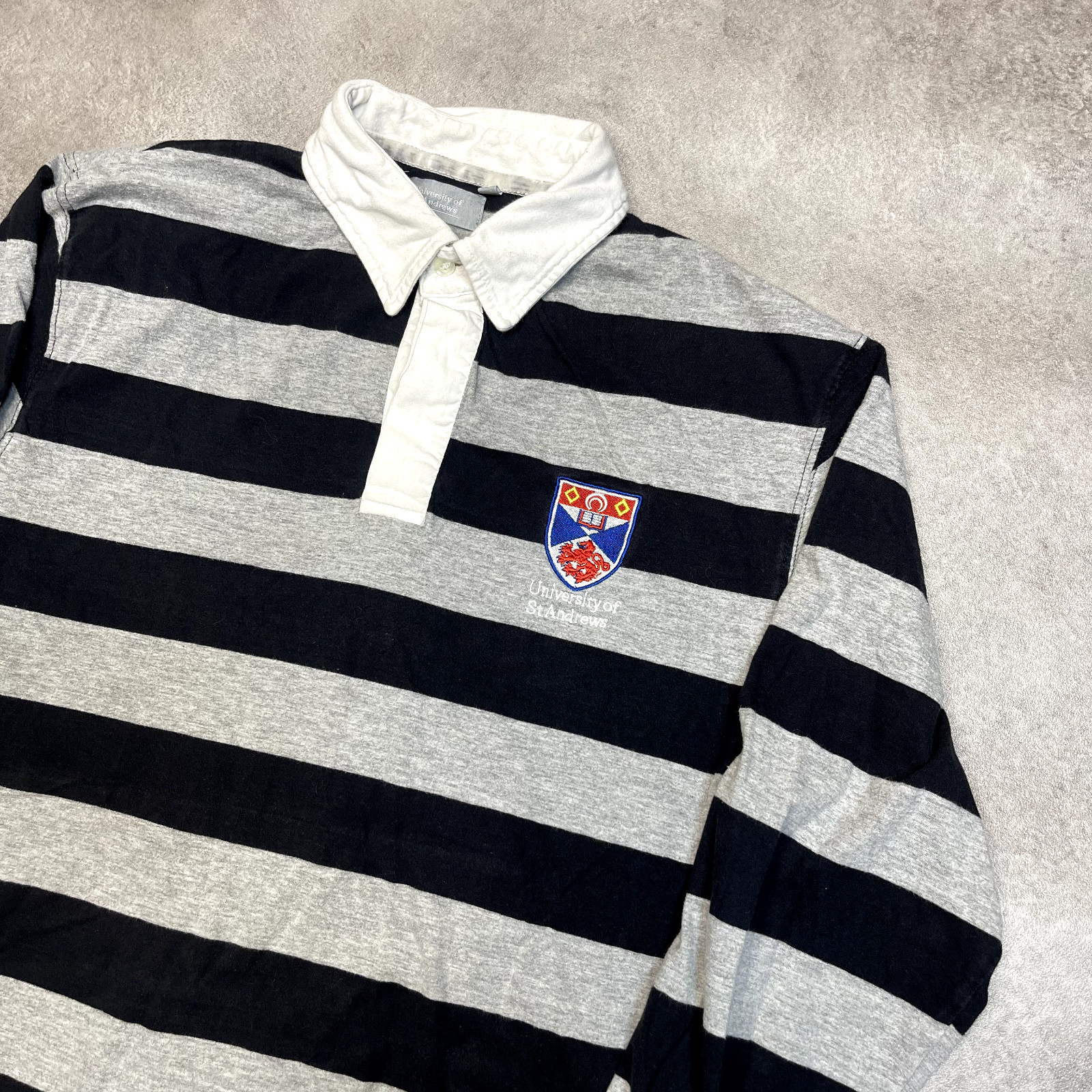 St. Andrews Rugby Polo Shirt Mens Medium USA 90s Striped Vintage Top, Grey image 2