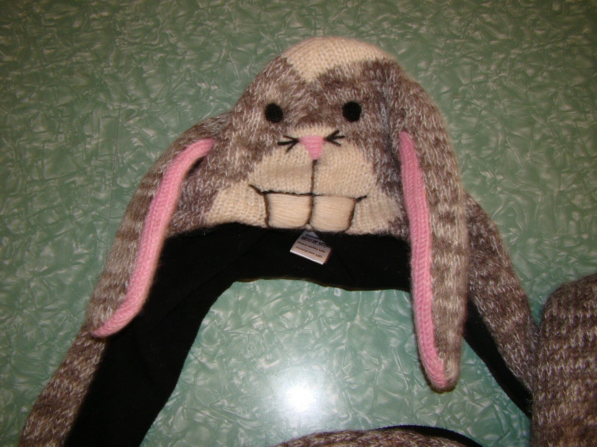 One Piece Bunny Rabbit Hat & Mittens, 100% Wool, Fleece Lined OS
