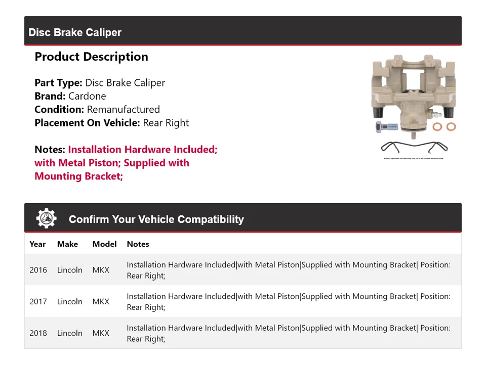 For 2016-2018 Lincoln MKX Disc Brake Caliper Rear Right Cardone 2017 - Image 2 of 4