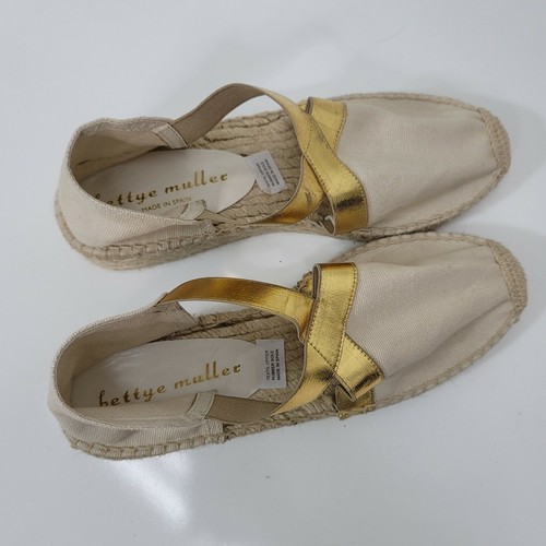 Bettye Muller Womens 38 Beige Gold Cross Strap Espadrille Sandals Platforms - Picture 6 of 10