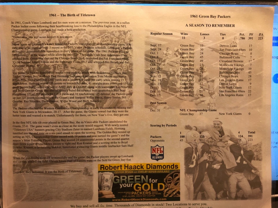 Green Bay Packers Champions 1961 Team Picture Vince Lombardi & Paul Horning - Image 4 of 4