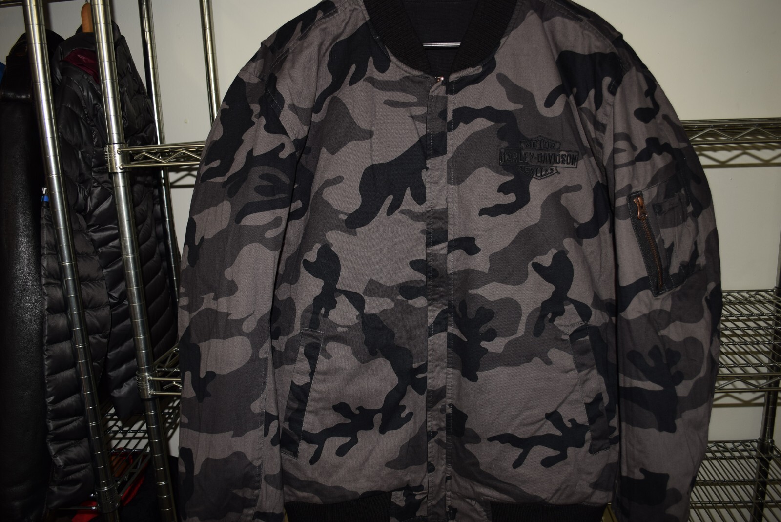 Harley Davidson Camo + Black Reversible Coat Jacket M… Gem