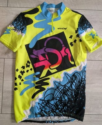 Erima Radtrikot Fahrrad Bike Shirt 90er Vintage Unisex Neon Gelb Mehrfarbig Gr.4