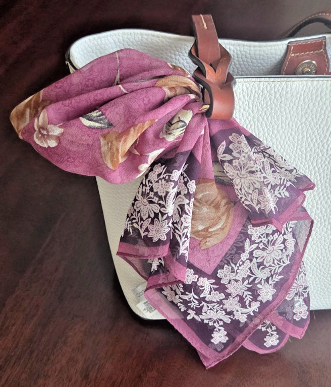 Vintage Casual Corner silk scarf in ivory and neutral tones on a plum floral design.