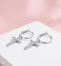 925 Sterling Silver Pave Crystal Cross Hoop Earrings Elegant Drop Style for Wome