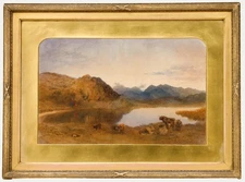 Framed 19th Century Watercolour - Cattle in a Mountain Landscape