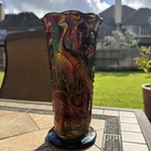 Vintage Fenton Black Amethyst Carnival Glass Peacock Garden Vase Large 10.75” H