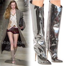Women's Metallic Mirror Patent Leather High Heel Knee High Boots Zip Up Stiletto