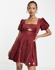 Asos Design Puff Sleeve Velvet Mini Dress w Godet Detail- Burgundy Size 14