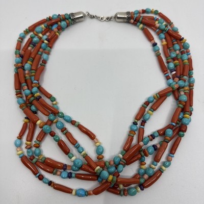 Fine 5 Strand Beaded Necklace By Don Lucas Southwest Designer Sterling Coral