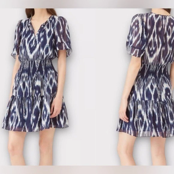 REBECCA TAYLOR SILK BLUE WHITE IKAT PRINT SMOCKED WAIST DRESS WOMENS SZ 8 - Image 3 of 4
