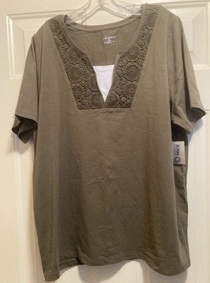 Catherine s NEW Sz 0X (14/16W) Lacy V Neck Olive Green Pullover Tee Chest 47 