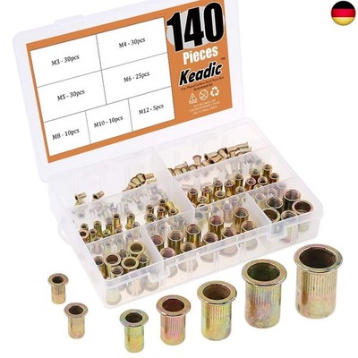 Keadic 140 Stk Nietmuttern Set, Blindnietmuttern, Flachkopf Gewindehülsen 