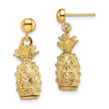 14K Yellow Gold 3-D Pineapple Shape Dangle Stud Earrings L 21.25mm, W 6.57mm