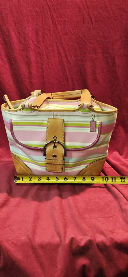 BOLSO DE MANO PEQUEÑO COACH HAMPTON MULTICOLOR A RAYAS CUERO VACHETTA #1888 GUC Foto 2 de 4