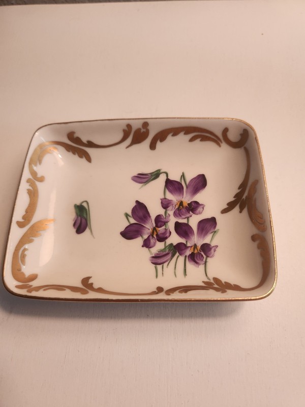 Royal Ceramic Art Co Hand Painted Floral Rectangular Ceramic Dish Purple Gold