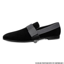 Jimmy Choo John Black Velvet Grey Grosgrain Size EU 44 Loafers 0268