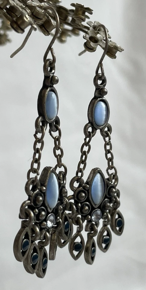 "Pendientes colgantes araña 2,25"" cuentas ojo de gato azul peltre acento de cristal" Foto 3 de 4