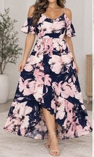 Vince Camuto 2 Navy Pink Floral Cold Shoulder High Low Maxi Dress VC8M6176