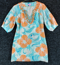 Lilly Pulitzer Alice Silk Dress Vintage Turquoise Orange Shell Print Sz 0-W0107