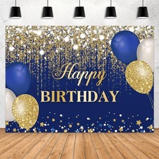Blue and Gold Happy Birthday Backdrop 7x5ft Glitter Golden Dots Diamonds Ball...