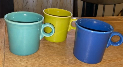 Set Of 3 Fiesta Ware HLC Ring Handle Mugs Turquoise, Lapis, Lemongrass