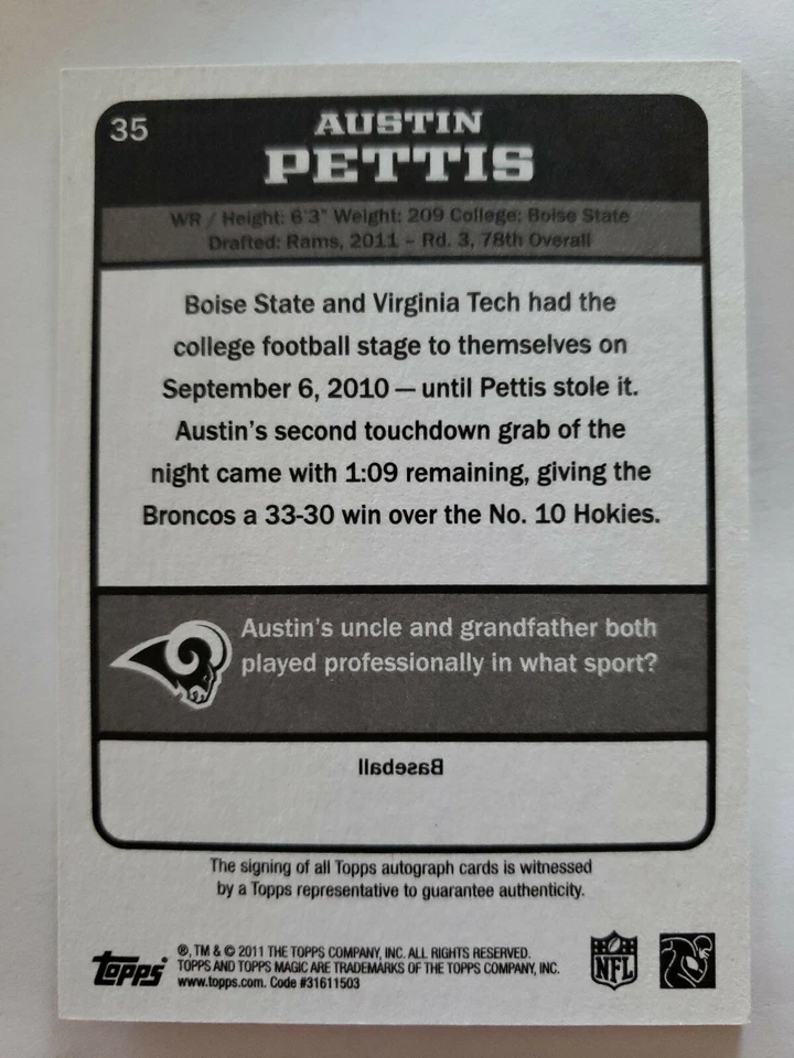 AUSTIN PETTIS 2011 TOPPS MAGIC ROOKIE AUTO CARD# 35 - Image 2 of 2