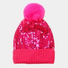NEW Pink Shiny Sequin Embroidered Fold Over Beanie Hat w/ Large Fluffy Pom Pom