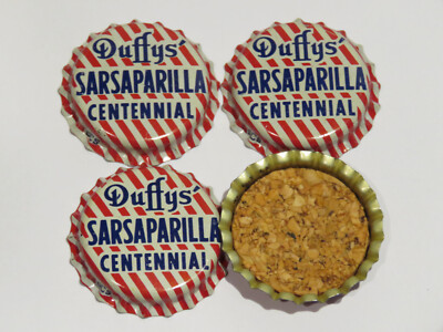 4 Vintage Cork Bottle Crown Caps ~ DUFFY'S Sarsaparilla Centennial Soda Pop